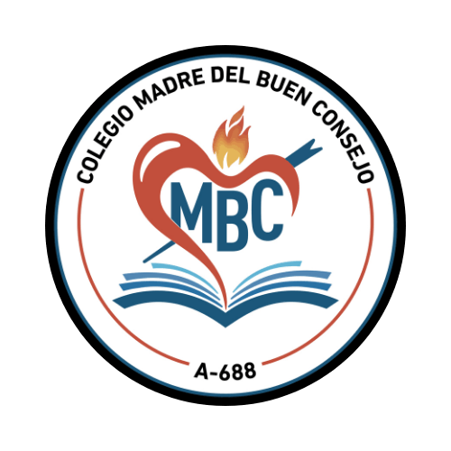 Escudo del Colegio Madre del Buen Consejo: corazón flameante atravesado por una flecha sobre un libro abierto
