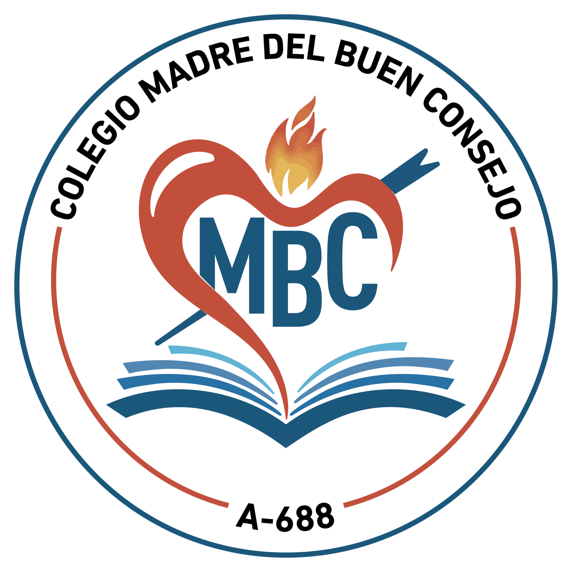 Sello circular del Colegio Madre del Buen Consejo con el corazón, la flecha y el libro institucionales